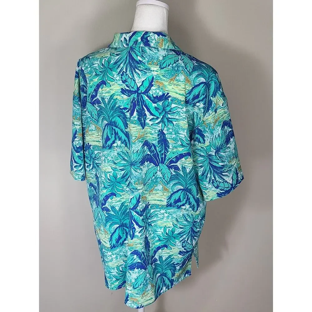 Nikki Polyester‎ Jungle Button Up Sz XL Short Sleeve Blue Giraffe